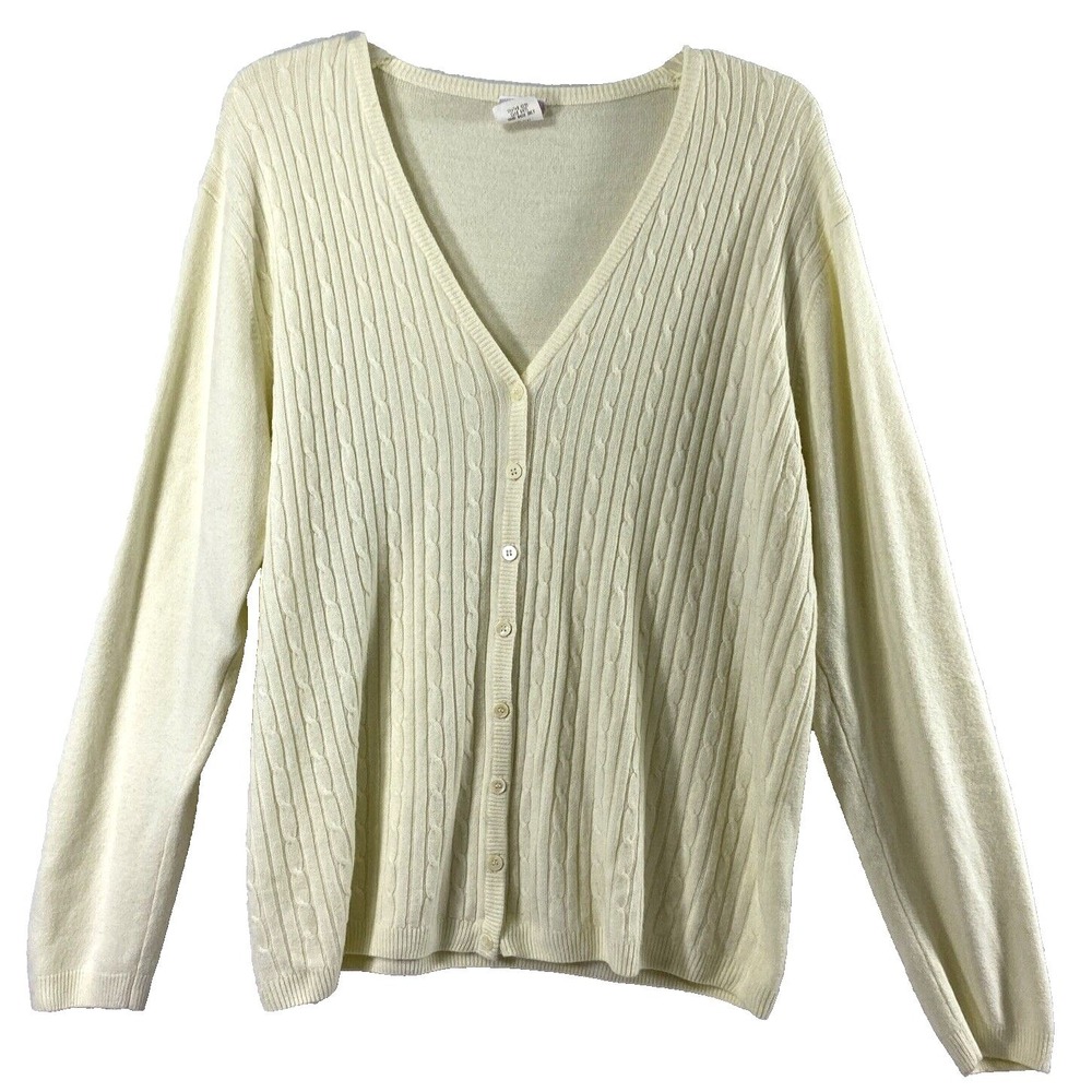 Womens Cable Knit Cardigan XL Beige Preppy Minimalist Neutral Sweater Layer